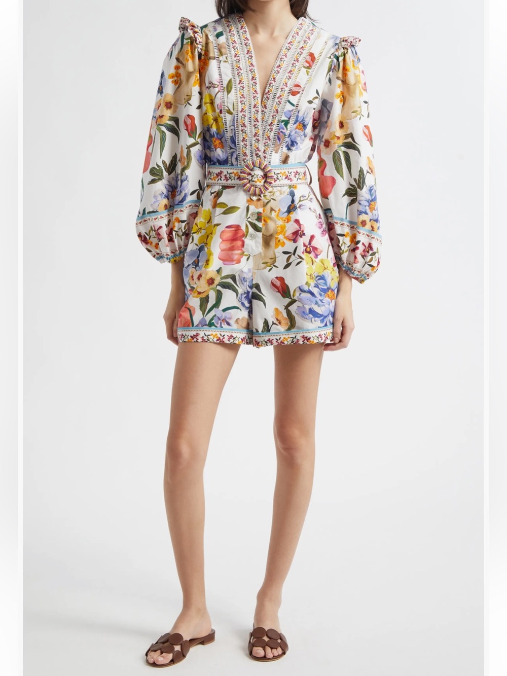 Farm Rio Greek Garden Long Sleeve Plunge Neck Cotton Romper